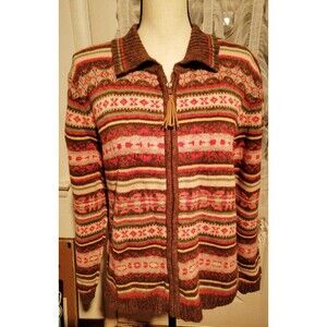 Vintage Women Cardigan Sweater Fair Isle Zip Up Size M